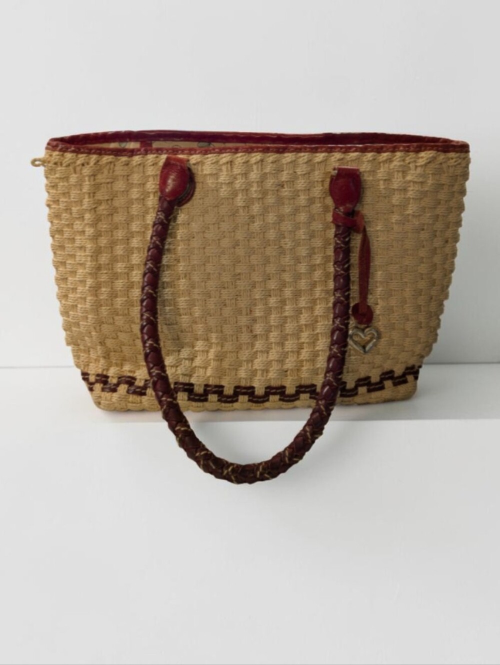 Brighton Natural Straw Tote with Burgundy Leather Trim Boho